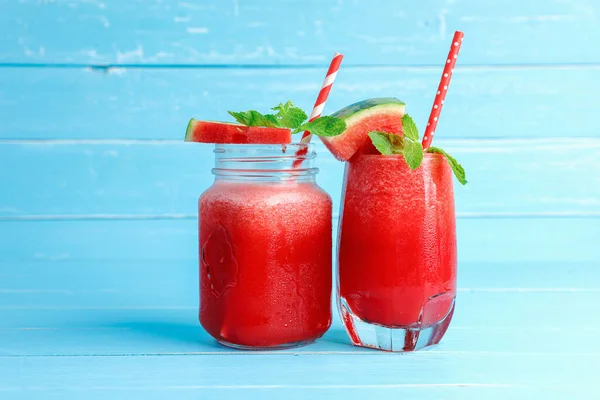 Drinks Healthy Summer Cold Watermelon Juice Smoothie Refreshing Blue Wood — Stock Photo, Image