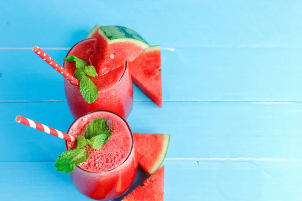 Drinks Healthy Summer Cold Watermelon Smoothie Drinks Top View Flat — Stock Photo, Image