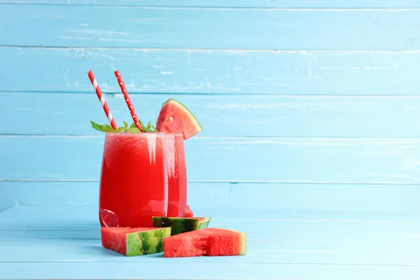 Smoothie Drinks Cold Watermelon Blue Wooden Background Copy Space Drinks — Stock Photo, Image