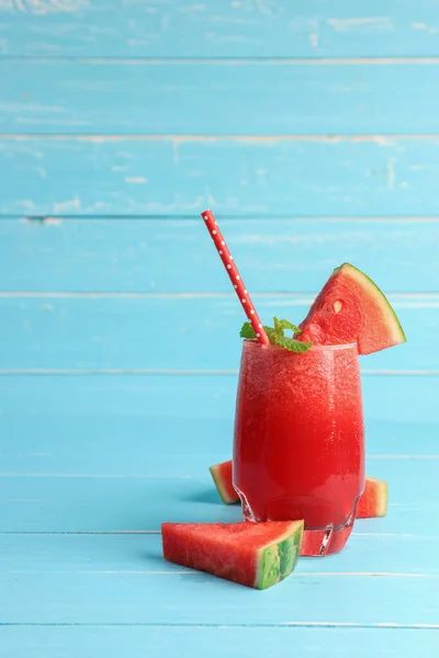 Drinks Healthy Summer Smoothie Drinks Cold Watermelon Blue Wooden Background — Stock Photo, Image