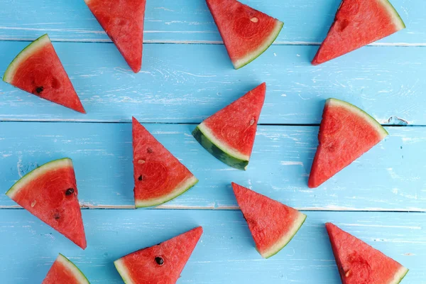 Slices Watermelon Flat Lay Composition Blue Color Wooden Background Watermelon Stock Photo