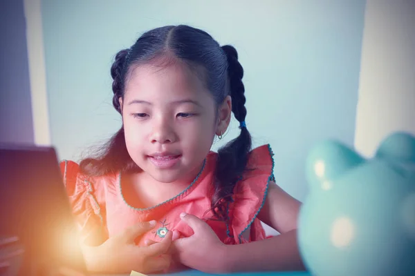 Asian Little Kid Girl Cute Looking Laptop Learning Education Internet Stock Image