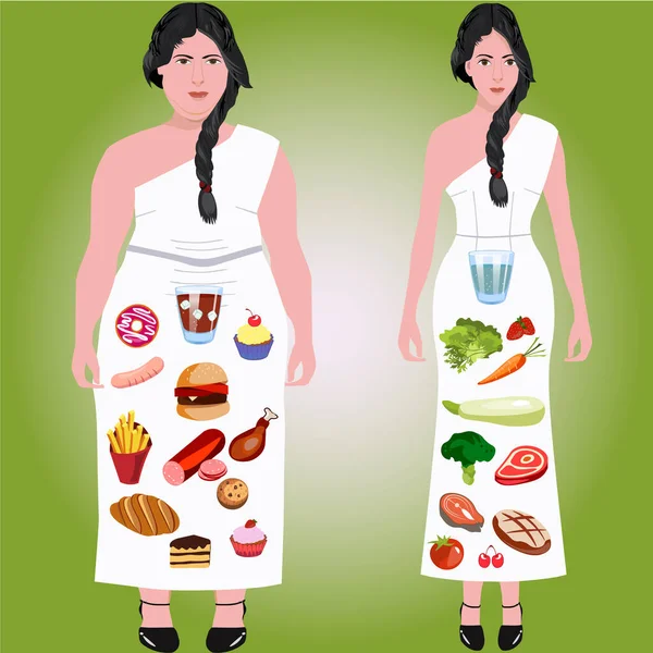 Фигура женщины из выбора диеты . — стоковый вектор