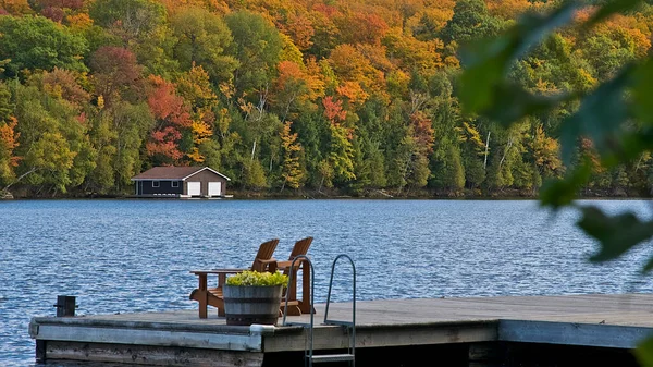 Wohnen Ruhestand Zwei Muskoka Stühle Sitzen Auf Einem Bootssteg Herbstblattfarbe — Stockfoto