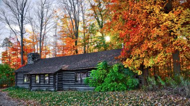 Ev sonbaharda tahta kütükler üzerine inşa edilmiş, King City, Ontario, Kanada.