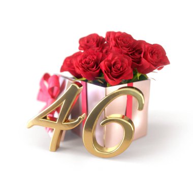 Doğum günü hediye izole beyaz zemin üzerine kırmızı gül konseptiyle. Kırk-Altıncı. 46. 3d render