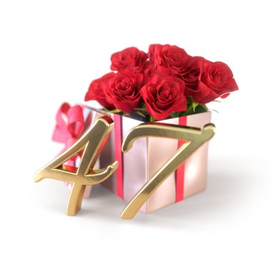 Doğum günü hediye izole beyaz zemin üzerine kırmızı gül konseptiyle. Kırk yedinci. 47. 3d render