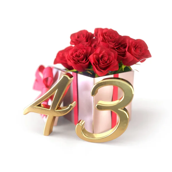 Conceito de aniversário com rosas vermelhas no presente isolado no fundo branco. Quarenta e três. 43. Renderização 3D — Fotografia de Stock