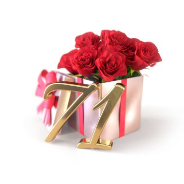 Doğum günü hediye izole beyaz zemin üzerine kırmızı gül konseptiyle. Yetmiş birinci. 71. 3d render