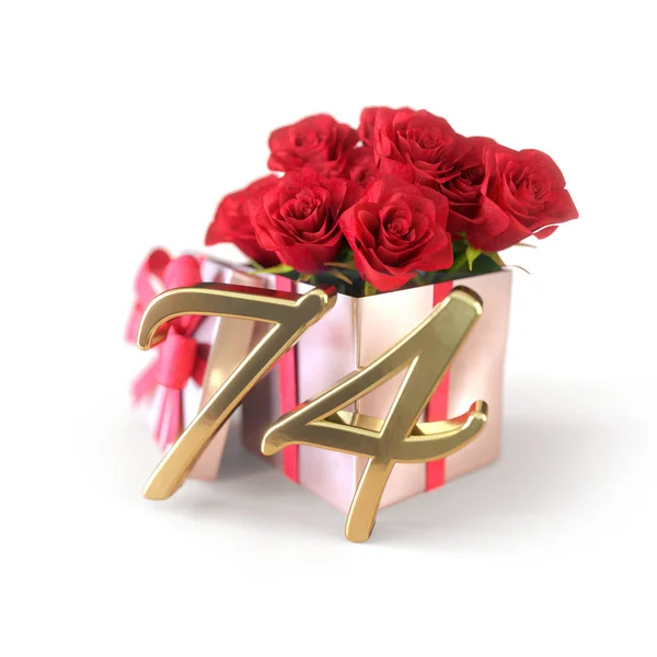 Concept d'anniversaire avec des roses rouges en cadeau isolé sur fond blanc. Soixante-quatorze. 74e. rendu 3D — Photo