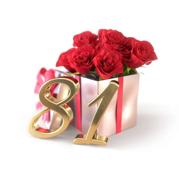 生日概念与红色玫瑰在礼物被隔绝在白色背景 第八十一岁生日 第八十一 — 图库照片