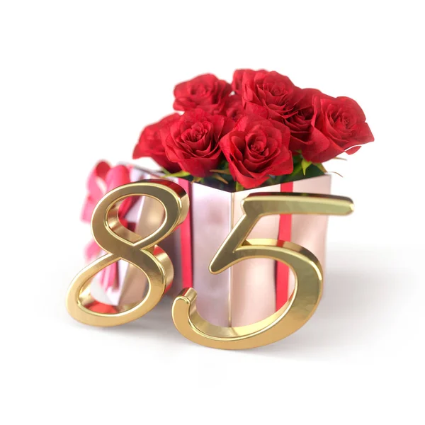 生日概念与红色玫瑰在礼物被隔绝在白色背景。第八十五。第八十五. 3d 渲染 — 图库照片