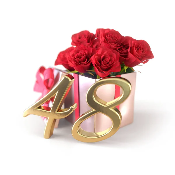 Concepto de cumpleaños con rosas rojas en regalo aislado sobre fondo blanco. Cuarenta y ocho. 48. Renderizado 3D —  Fotos de Stock