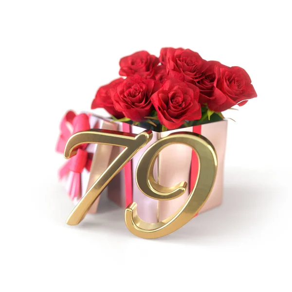 Concepto de cumpleaños con rosas rojas en regalo aislado sobre fondo blanco. Setenta y nueve. 79. Renderizado 3D —  Fotos de Stock