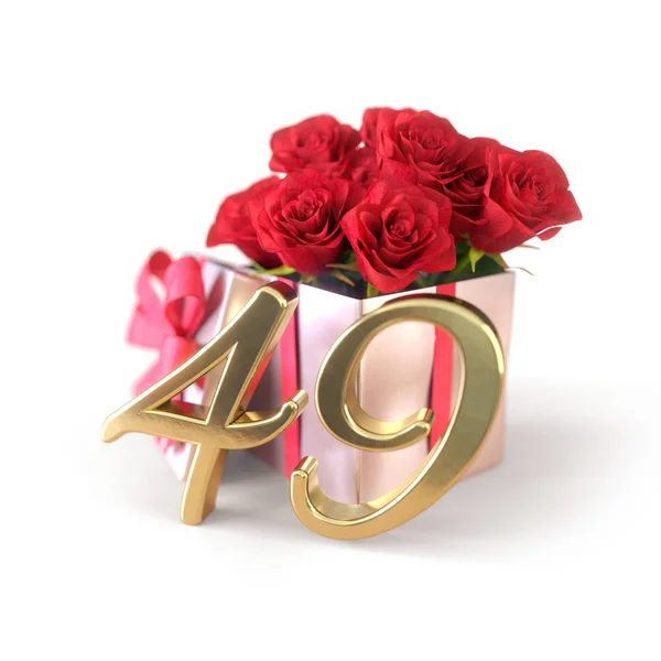 День рождения концепции с красными розами в подарок изолированы на белом фоне. сорок девятый. 49-й. 3D рендеринг Лицензионные Стоковые Фото