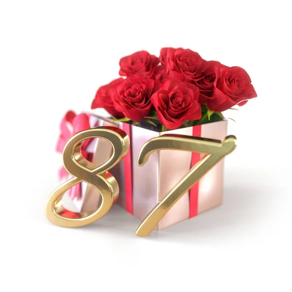 День рождения концепции с красными розами в подарок изолированы на белом фоне. Восемьдесят седьмой. 87-й. 3D рендеринг — стоковое фото