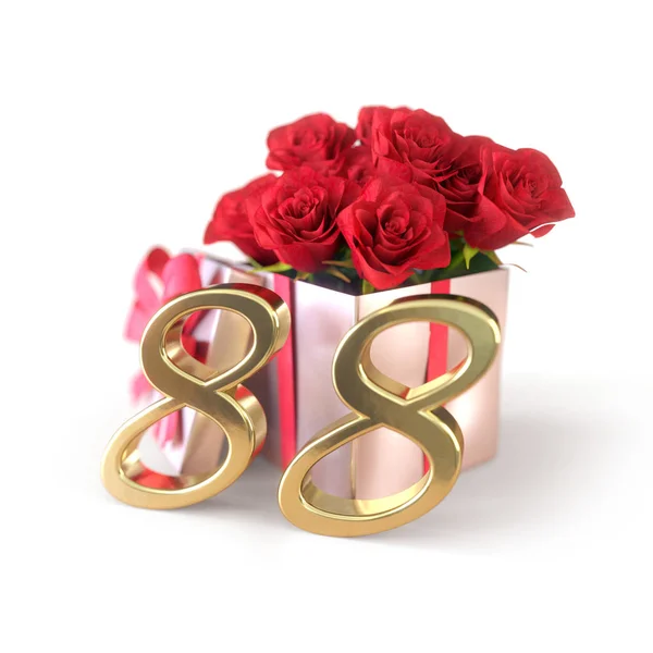 Concept d'anniversaire avec des roses rouges en cadeau isolé sur fond blanc. Quatre-vingt-huitième. 88e. rendu 3D — Photo