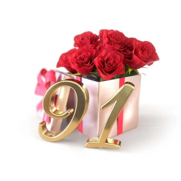 Conceito de aniversário com rosas vermelhas no presente isolado no fundo branco. Noventa e um. 91. Renderização 3D — Fotografia de Stock