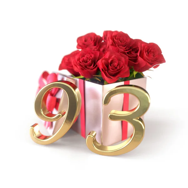 Concept d'anniversaire avec des roses rouges en cadeau isolé sur fond blanc. Quatre-vingt-treize. 93ème. rendu 3D — Photo
