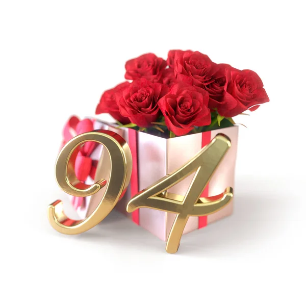 День рождения концепции с красными розами в подарок изолированы на белом фоне. девяносто четвёртый. 94-й. 3D рендеринг — стоковое фото