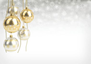 altın ve gümüş Noel topları bokeh arka plan üzerinde asılı. 3D render