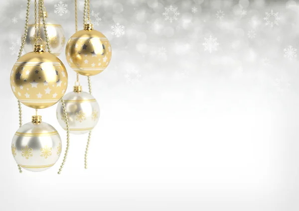 Altın ve gümüş Noel topları bokeh arka plan üzerinde asılı. 3D render — Stok fotoğraf