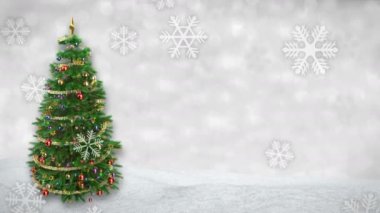 kar yağışı animasyon kış zemin üzerine dönen Noel ağacı. 3D render.seamless döngü