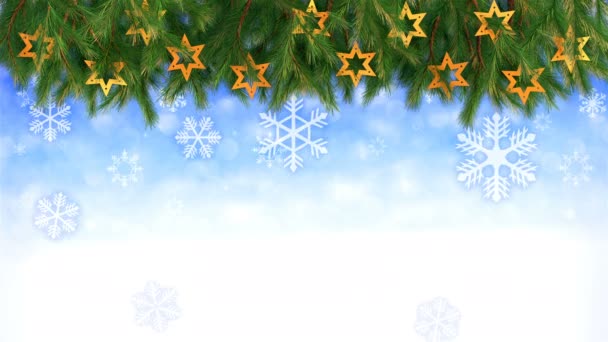 Christmas background - Twigs and stars with falling snowflakes - 3D render. Seamless loop — Stock Video