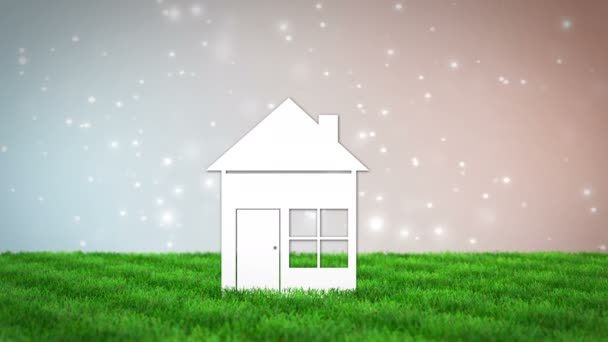 Паперовий будинок на трав'яному полі. Анімація 3D рендеринга — стокове відео