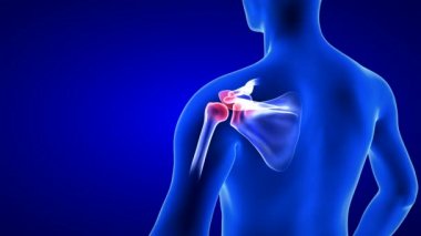 Omuz ağrısı, arkadan yakından çekilen animasyon. Mavi insan anatomisi 3D tarama görüntüleme - mavi arkaplan üzerinde kusursuz döngü