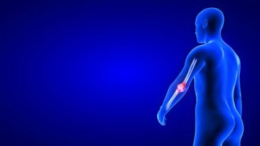 Dikiz aynasından dirsek ağrısı animasyonu. Yakın plan. Mavi insan anatomisi 3D tarama görüntüleme - mavi arkaplan üzerinde kusursuz döngü