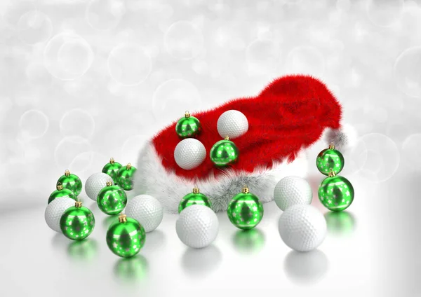 Navidad y pelotas de golf con sombrero rojo de santa sobre fondo bokeh. Ilustración 3D —  Fotos de Stock