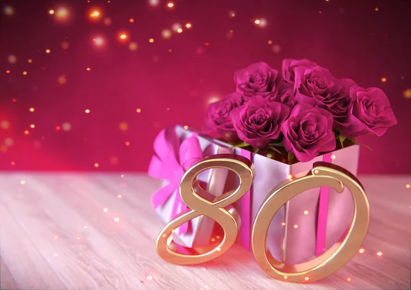 Concept d'anniversaire avec des roses roses dans le cadeau sur un bureau en bois. Quatre-vingtième. 80e. rendu 3D Images De Stock Libres De Droits