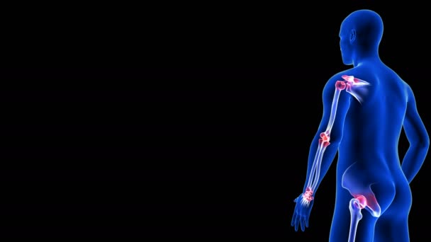 サイドビューからの関節痛アニメーション-クローズアップ。ブルーヒューマン解剖学ボディ3Dスキャンレンダリング-黒の背景にシームレスなループを回転 — ストック動画