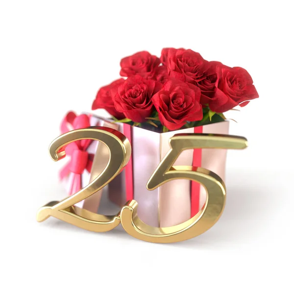 Verjaardag concept met rode rozen in geschenk geïsoleerd op witte achtergrond. Vijfentwintigste. 25e. 3D-weergave — Stockfoto