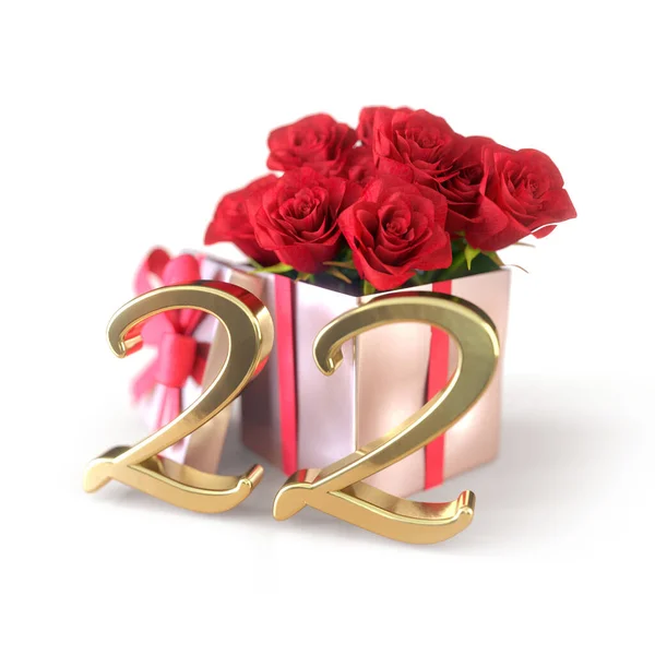 生日的概念，礼物上有红玫瑰，背景是白色的。二十二号22号3D渲染 — 图库照片