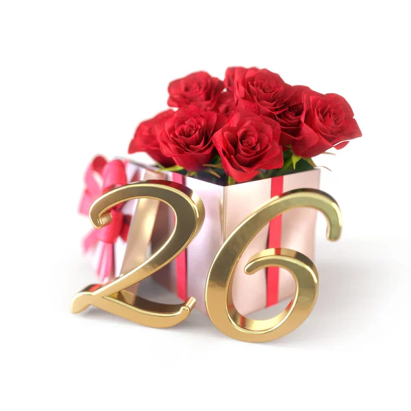 Concept d'anniversaire avec des roses rouges en cadeau isolé sur fond blanc. vingt-sixième. 26e. rendu 3D — Photo