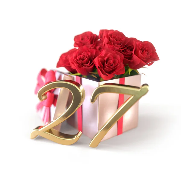 Concept d'anniversaire avec des roses rouges en cadeau isolé sur fond blanc. La vingt-septième. 27e. rendu 3D — Photo