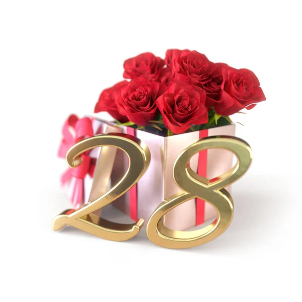 Concepto de cumpleaños con rosas rojas en regalo aislado sobre fondo blanco. vigésimo octavo. 28. Renderizado 3D —  Fotos de Stock