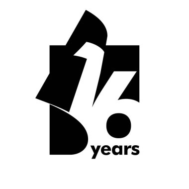 Soyut logo 16 yıl izole edilmiş. Açık bir kitap, dergi şeklinde. 16. yaş günün kutlu olsun. Beyaz arkaplanda siyah renk yazımı.