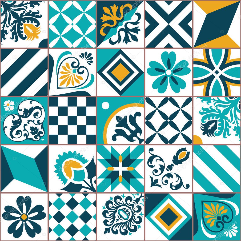 Lisbon geometric tile vector pattern, Portuguese or Spanish retro hexagonal mosaic tiles, Mediterranean seamless navy design. Decorative indigo textile background