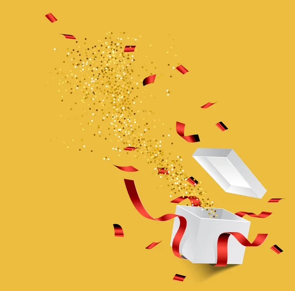 Caja Regalo Sorpresa Confetti Dorado Saltando Caja — Vector de stock