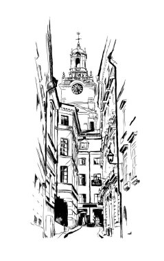 Stockholm, sokak, klasik vektör kabartma çizimi, el çizimi, taslak