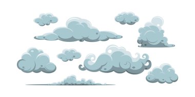 Vektör duman özel efekt şablonu. Buhar bulutları, sis, su buharı veya toz patlaması oyun, baskı, reklam ve web tasarımı için elementler