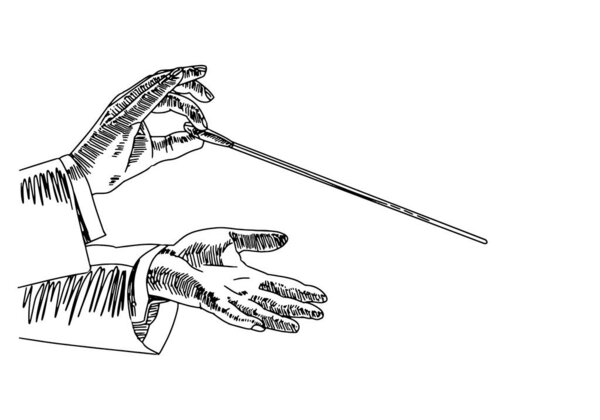 Vector sketch of the hands of the conductor who conducts the orchestra isolated on a white background