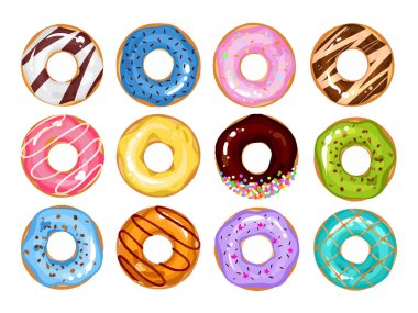 Beyaz arka planda izole edilmiş renkli çörekler. Top View Doughnuts koleksiyonu menü tasarımı, kafe dekorasyonu, teslimat kutusu için jöleye dönüşür. Düz biçimdeki vektör illüstrasyonu