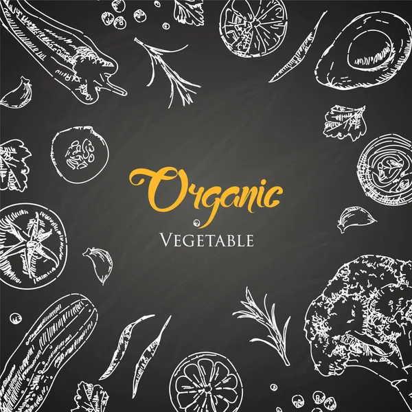 矢量黑板垂直背景与蔬菜和水果和文字的位置 素描涂鸦蔬菜和水果有机画插图 — 图库矢量图片