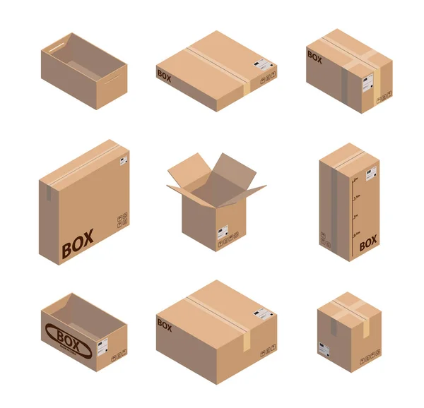 Krabička Balení Izometrický Lepenkový Obal Krabička Obrázky Různé Velikosti Poštovními — Stockový vektor