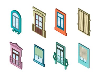 Glass Windows Set Dekorasyon İnşaat Elemanı Şehir Mimarisi Isometric View. Vektör illüstrasyonu