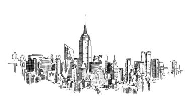 Yüksek binaların gökdelenleri ile şehir manzarasının genel şehir manzarasının kalem ve mürekkep çizimi.